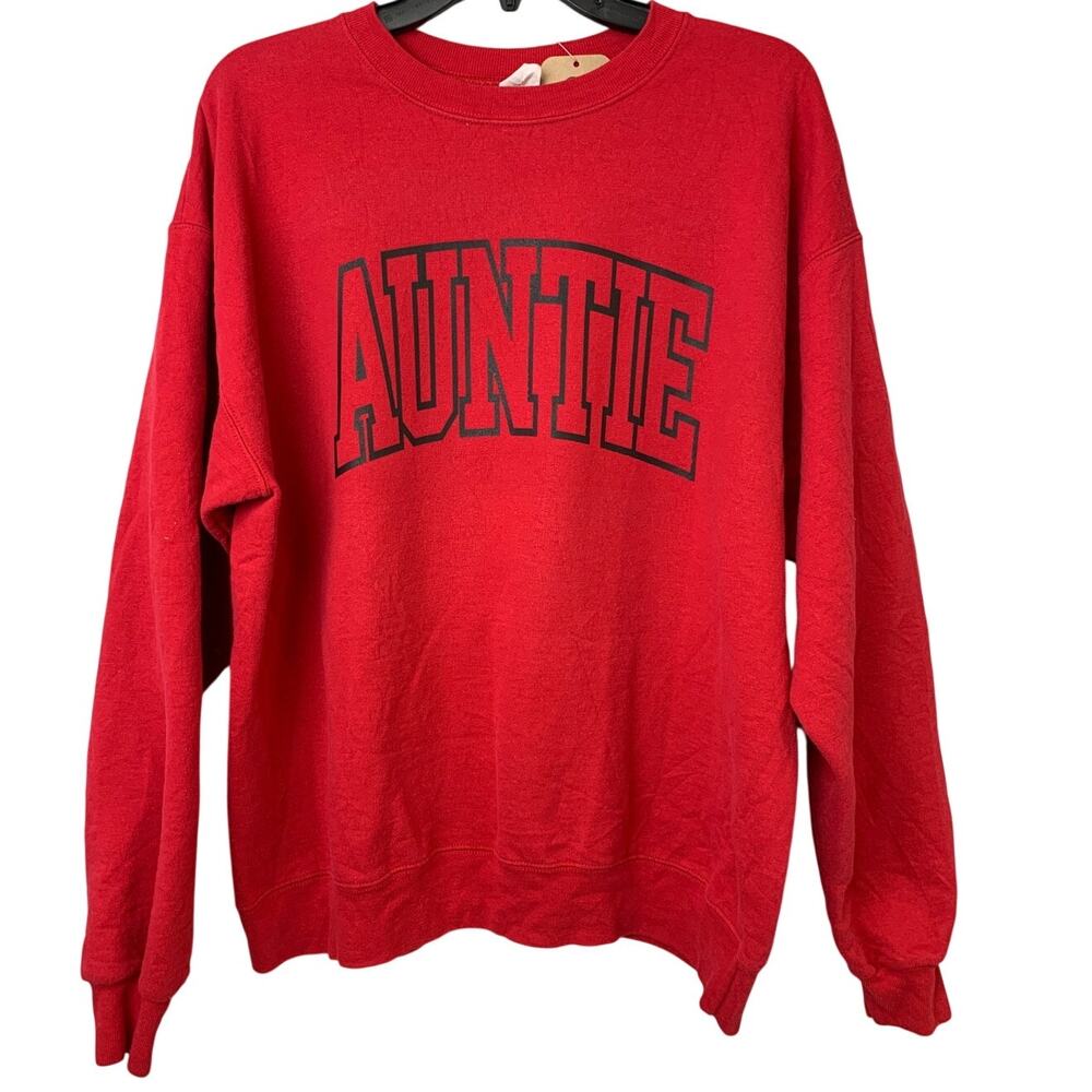 Upcycled Hand Printed Womens Size Large Red Auntie Aunt Crew Neck Sweatshirt